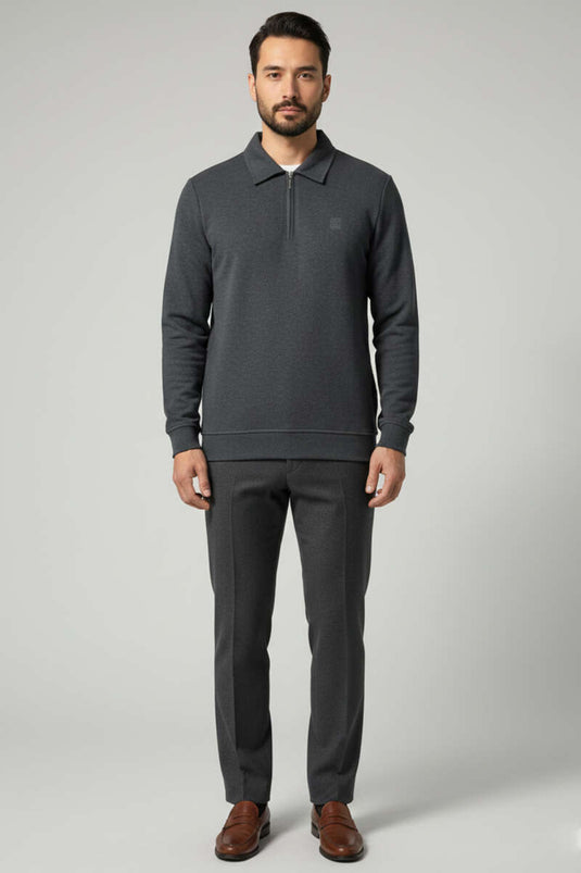 Sweat-shirt homme avec col et demi-zip, gris foncé