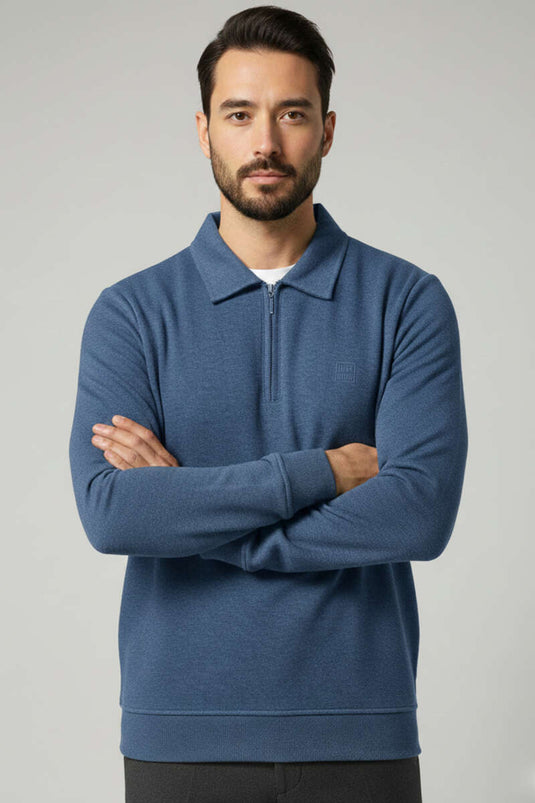 سويت شيرت رجالي بياقة مزينة بتفاصيل وسحاب نصفي، أزرق