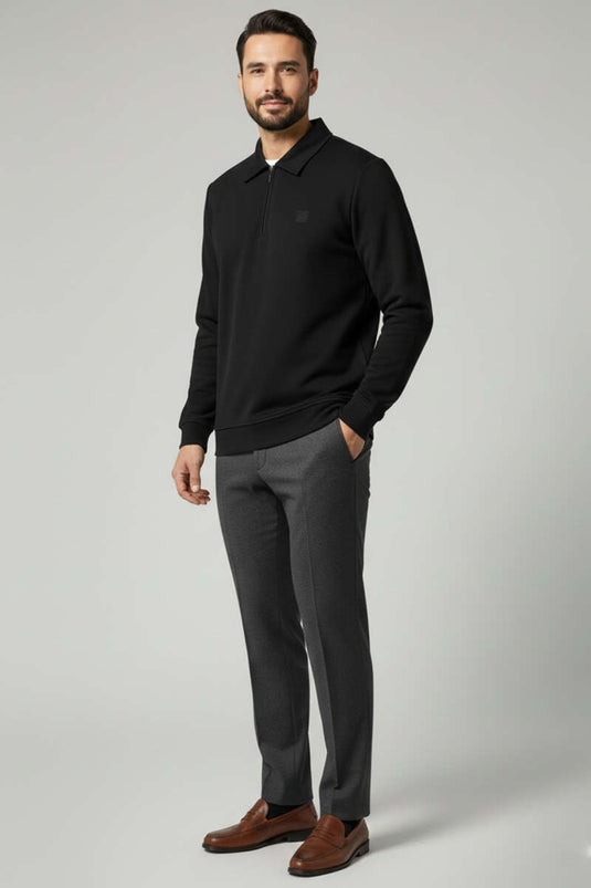 سويت شيرت رجالي بياقة مزينة بتفاصيل وسحاب نصفي، أسود