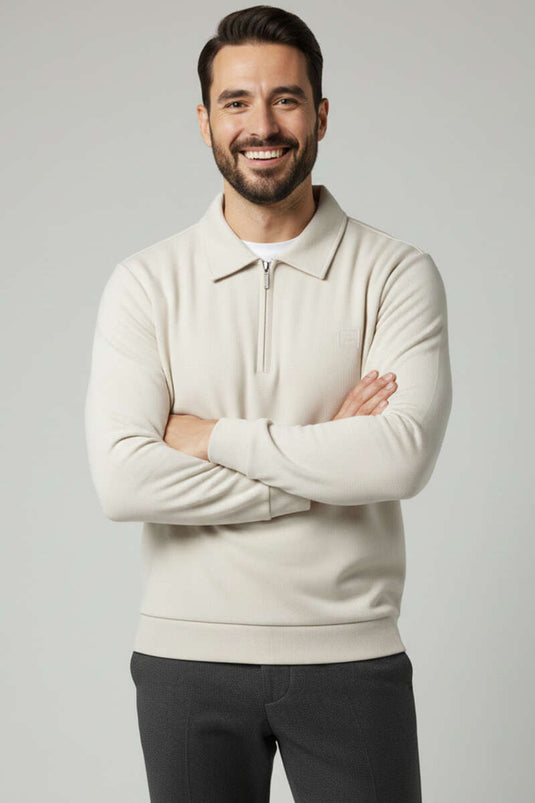 سويت شيرت رجالي من ثيسالونيكي بنصف سحاب وتفاصيل ياقة، لون حجري