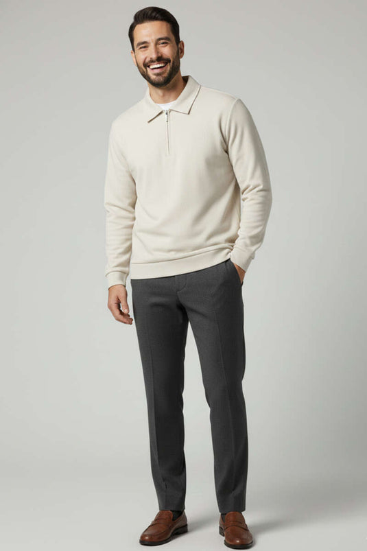 سويت شيرت رجالي من ثيسالونيكي بنصف سحاب وتفاصيل ياقة، لون حجري