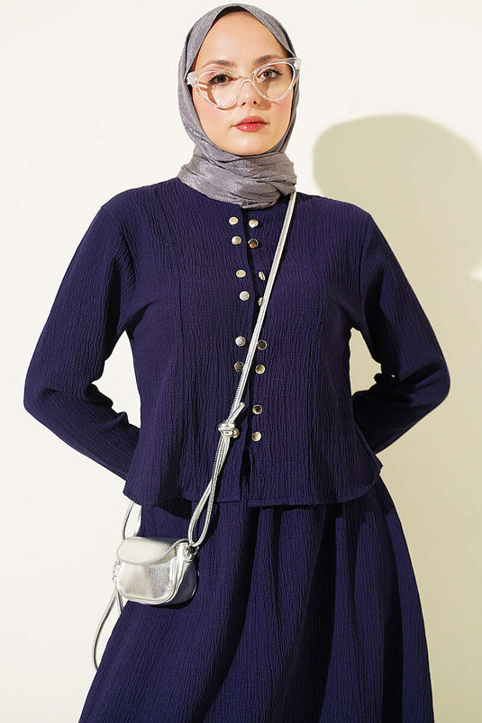 Conjunto De Blusa Y Falda Con Botones Azul Marino