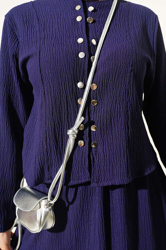 Conjunto De Blusa Y Falda Con Botones Azul Marino