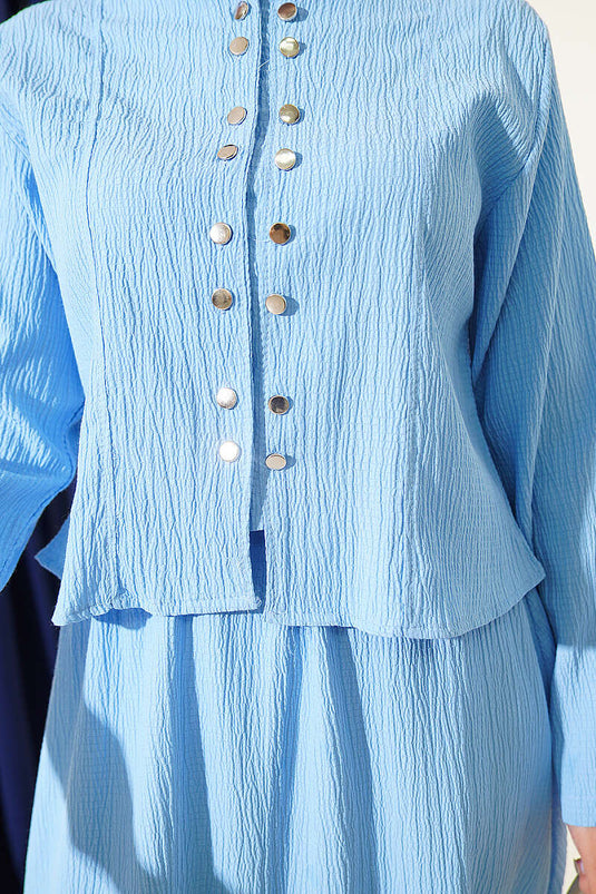 Blaues Zweiteiliger Set Mit Knopf-Detail Und Rock