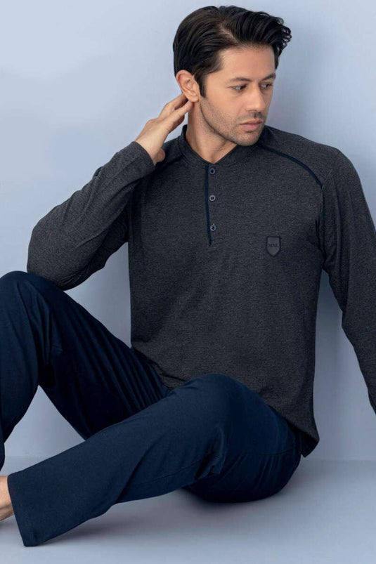 Yaka Knopen Bies Heren Pyjamapak Antraciet