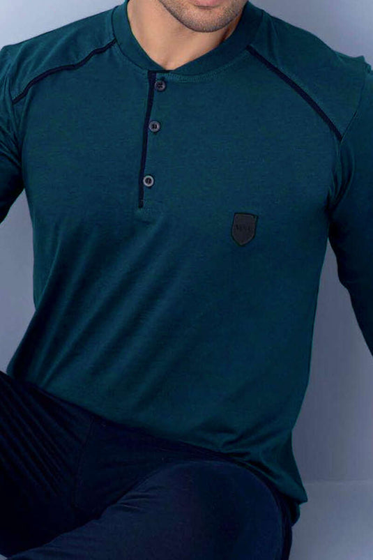 طقم بيجاما رجالي بياقة وأزرار، لون بترولي