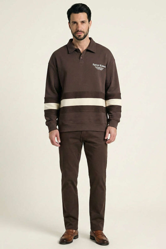 Yaka Düğmeli Biyeli Erkek Sweatshirt Kahve