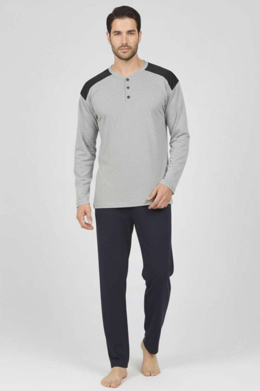 Men's Plus Size Interlock Pajama Set with Buttoned Collar, Grey