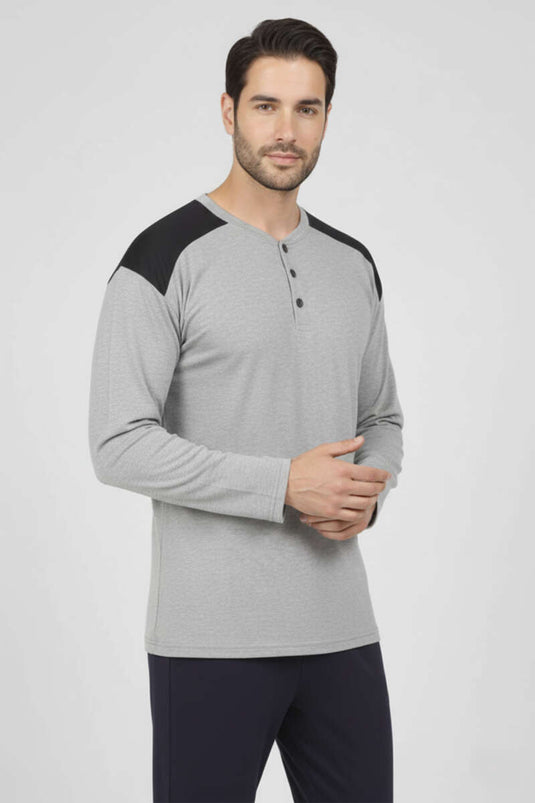 Men's Plus Size Interlock Pajama Set with Buttoned Collar, Grey