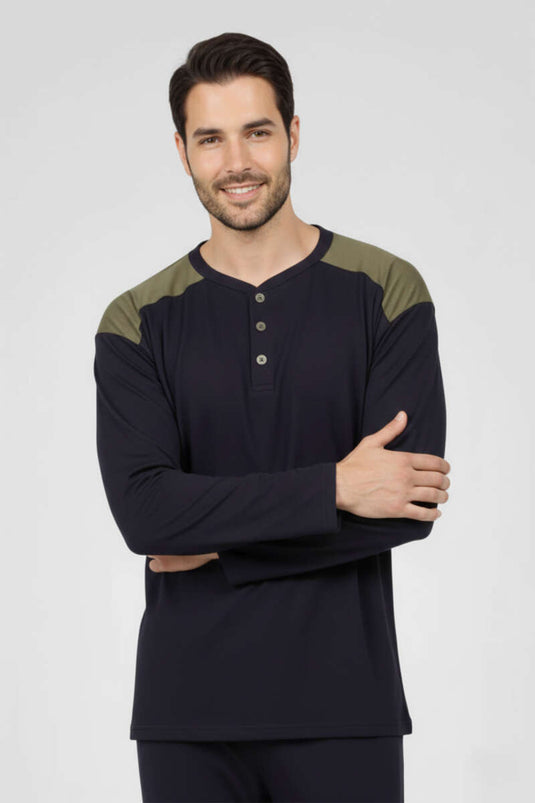 Plus Size Men's Interlock Pajama Set with Buttoned Collar, Navy Blue/Khaki