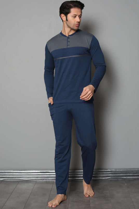 Ensemble pyjama homme bicolore indigo à col boutonné
