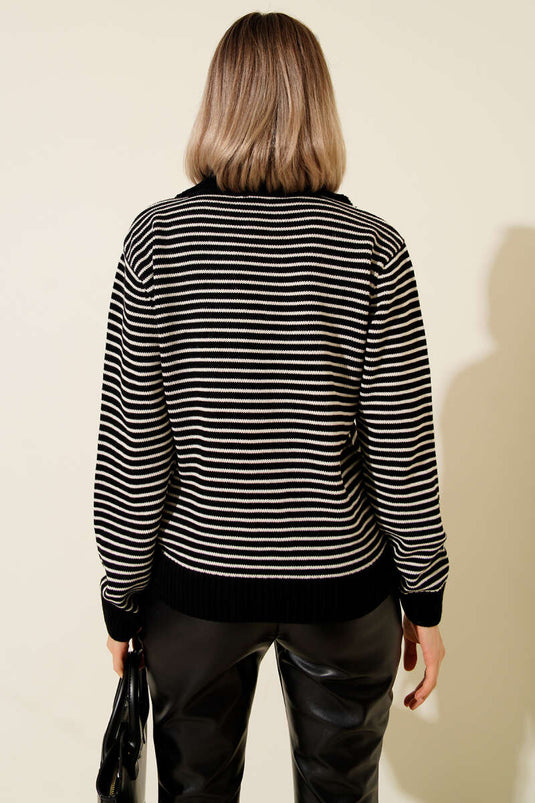 Black Striped Knit Sweater with Buttoned Collar
