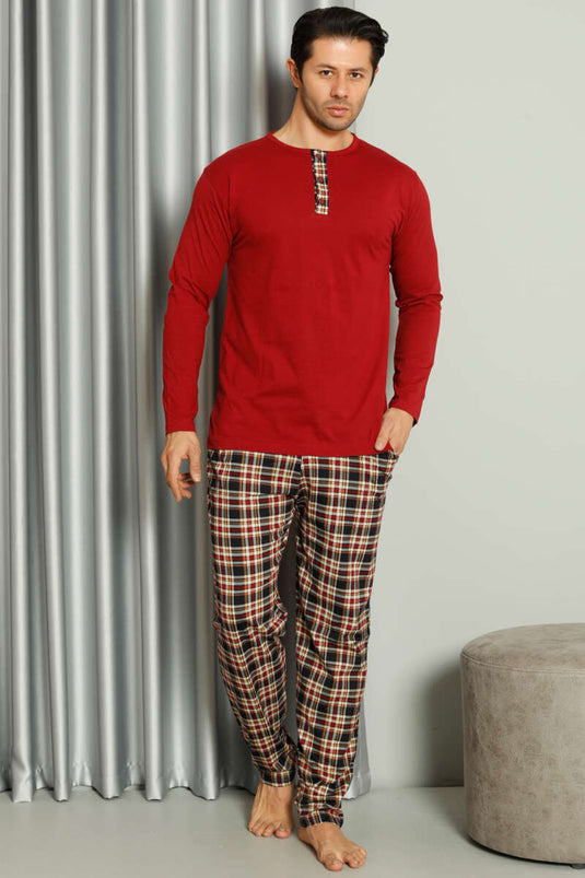 Yaka Düğmeli Ekoseli Erkek Pijama Takımı Bordo