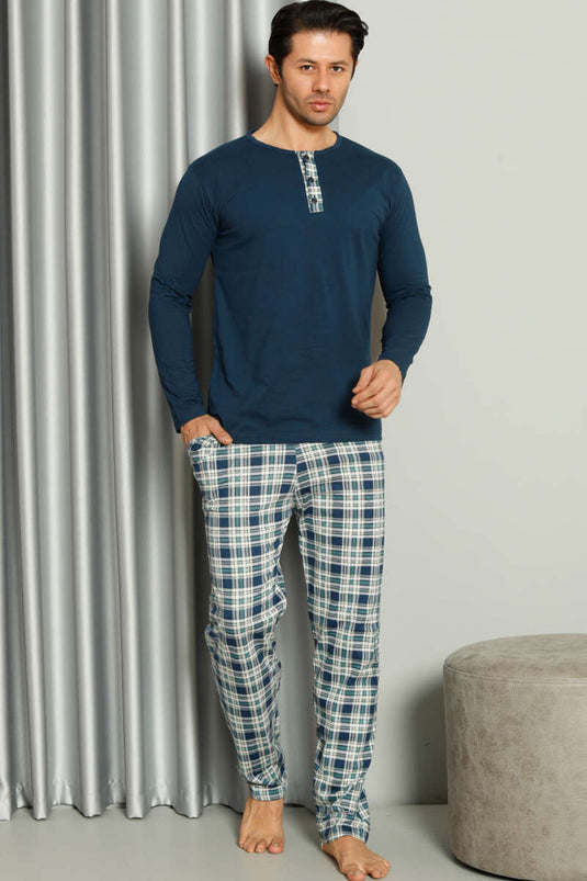 Yaka Düğmeli Ekoseli Erkek Pijama Takımı İndigo