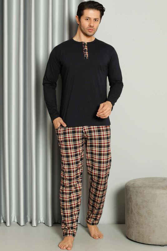 Yaka Düğmeli Ekoseli Erkek Pijama Takımı Lacivert