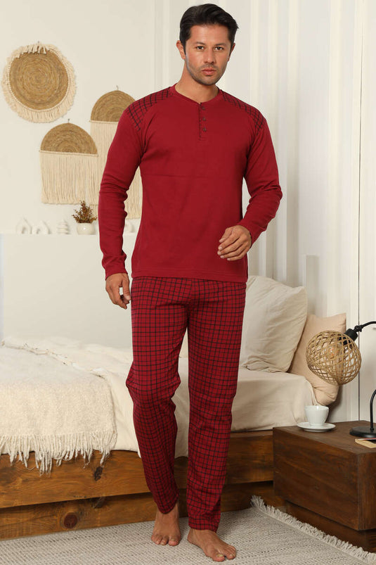 Men's Interlock Pajama Set with Buttoned Collar, Burgundy