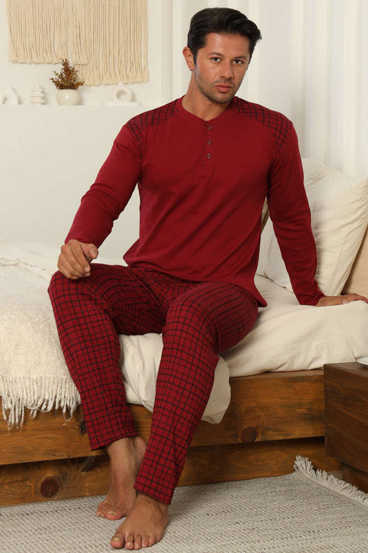 Men's Interlock Pajama Set with Buttoned Collar, Burgundy