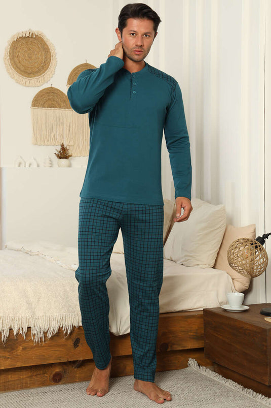 Men's Interlock Pajama Set with Buttoned Collar, Petrol