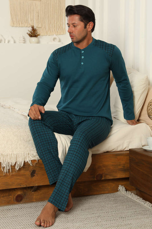 Men's Interlock Pajama Set with Buttoned Collar, Petrol