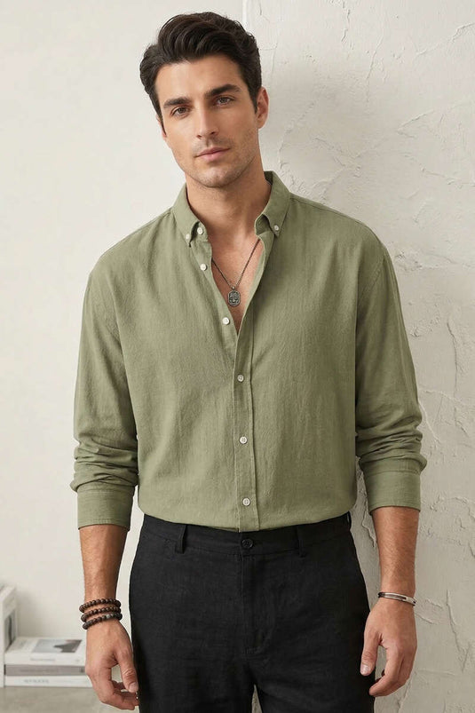 Collared Buttoned Crinkle Shirt Khaki