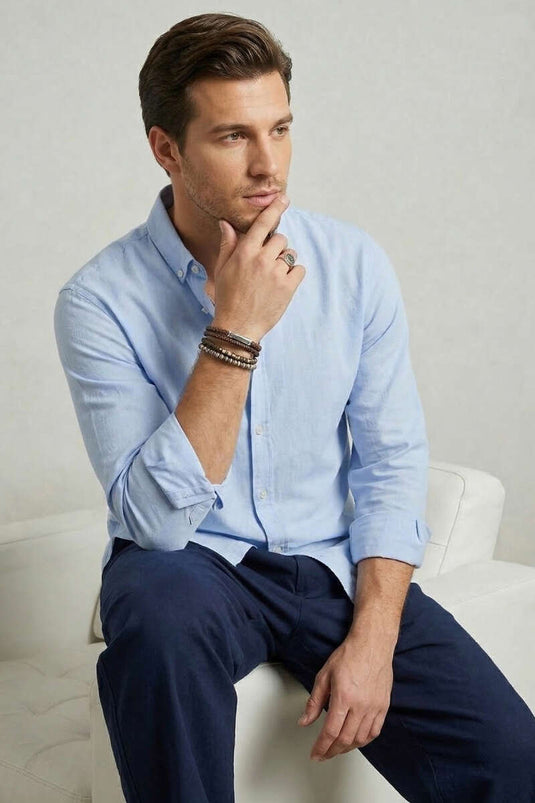 Buttoned Collar Crinkle Shirt Blue