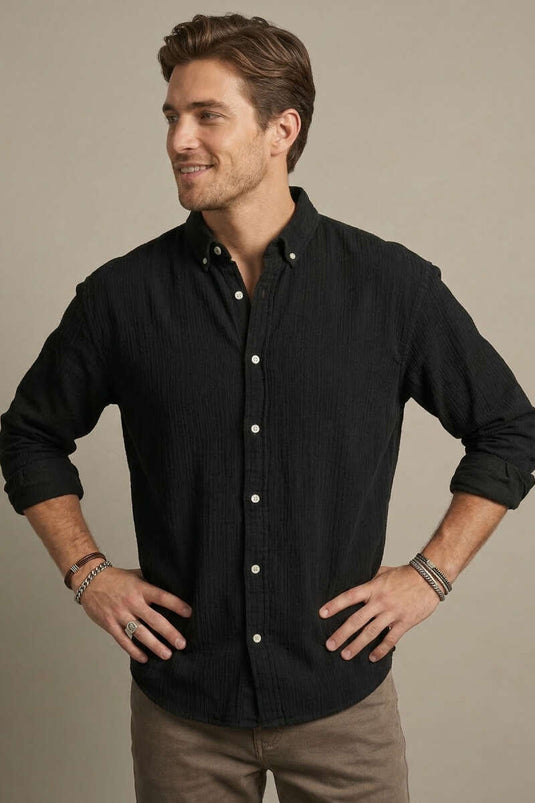 Collared Buttoned Crinkle Shirt Black