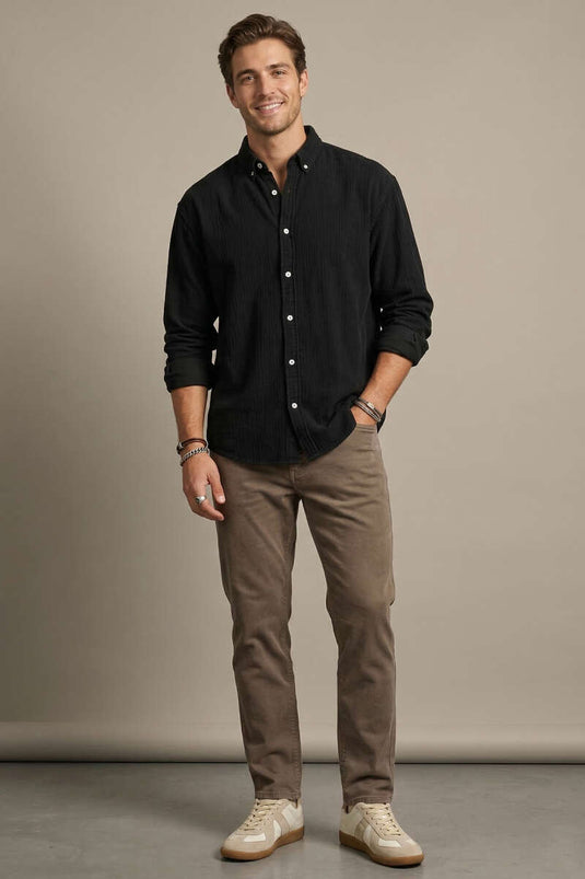 Collared Buttoned Crinkle Shirt Black