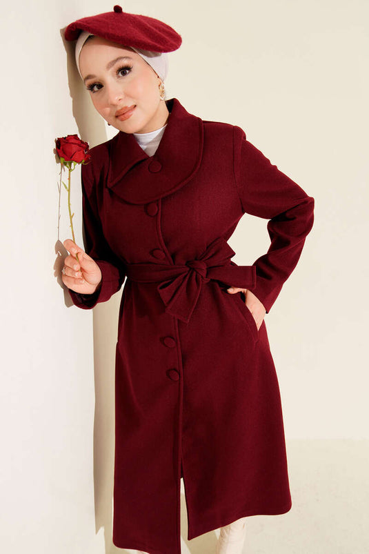 Burgundy Collared, Buttoned, Belted Gabardine Coat
