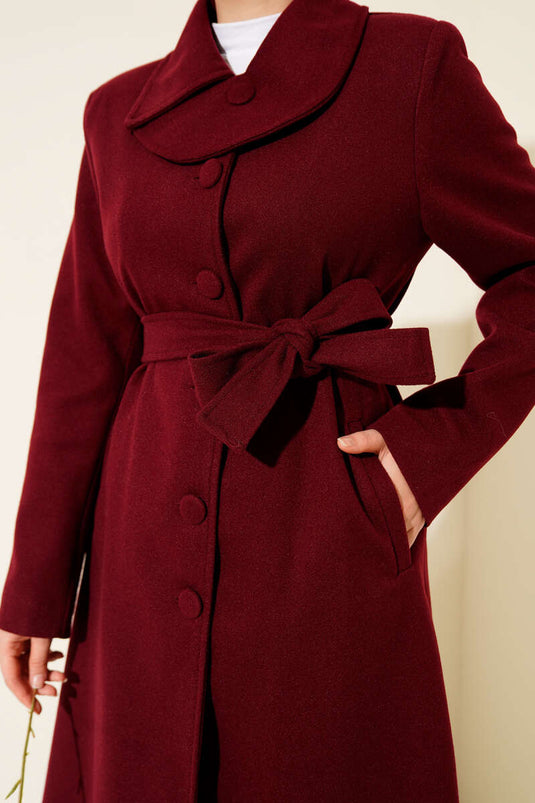 Burgundy Collared, Buttoned, Belted Gabardine Coat