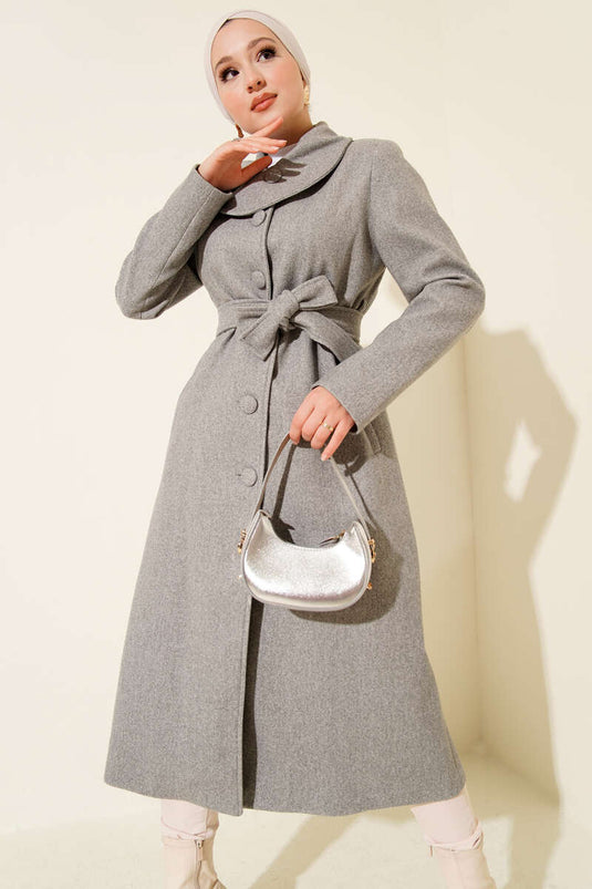 Gray Tweed Coat with Buttoned Collar and Belt