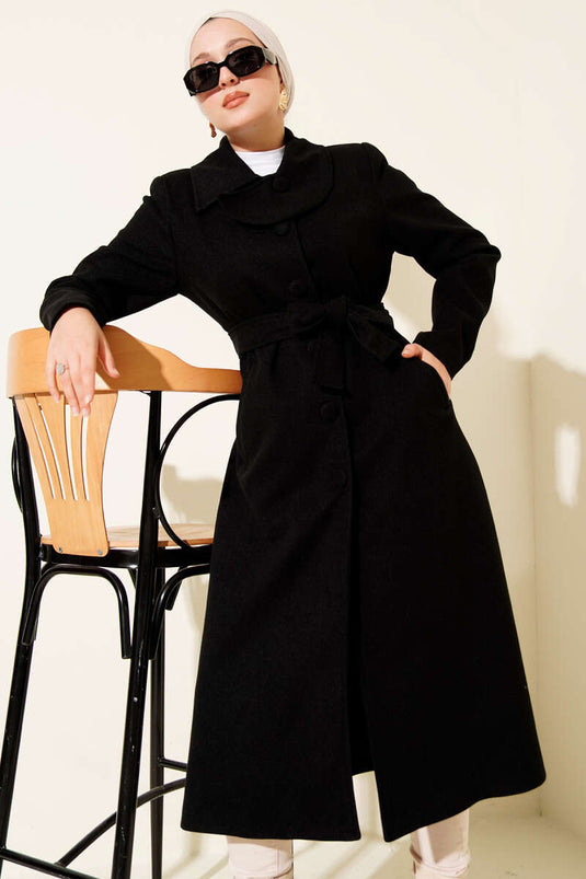 Black tweed coat with buttoned collar and belt