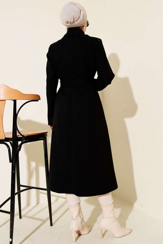 Black tweed coat with buttoned collar and belt