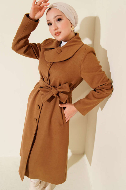 Collared Buttoned Belted Kaşe Coat Taba