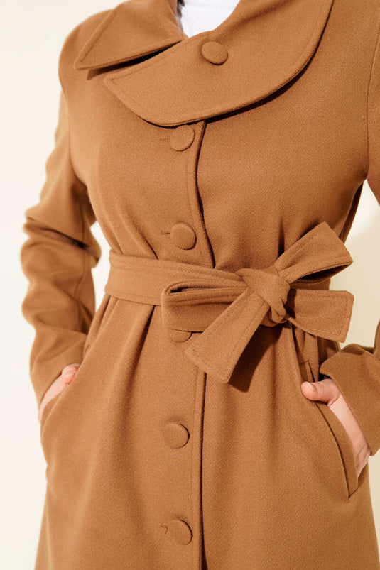 Collared Buttoned Belted Kaşe Coat Taba