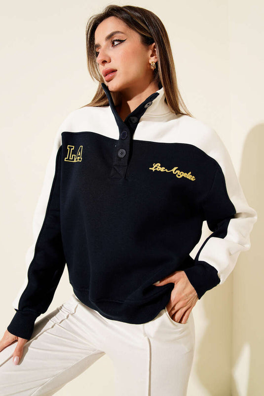 Yaka Düğmeli Nakışlı Üç İplik Sweatshirt Lacivert