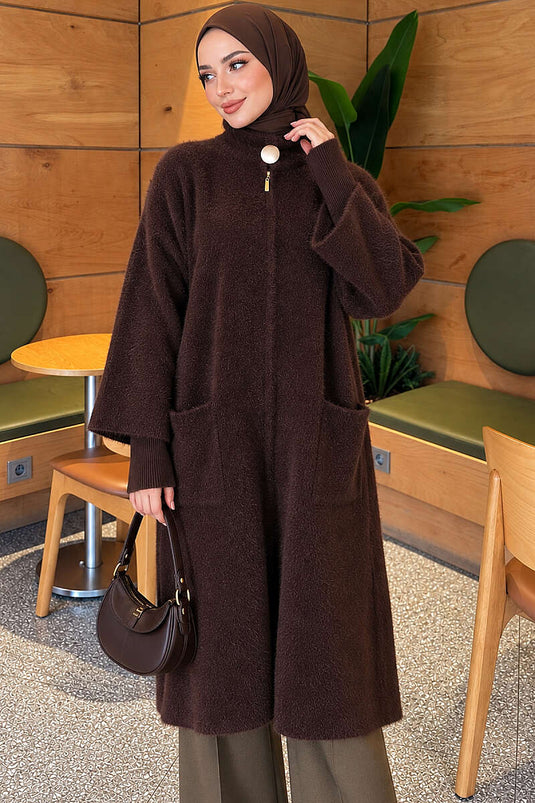 Gilet Long À Boutons Avec Poches En Marron Café