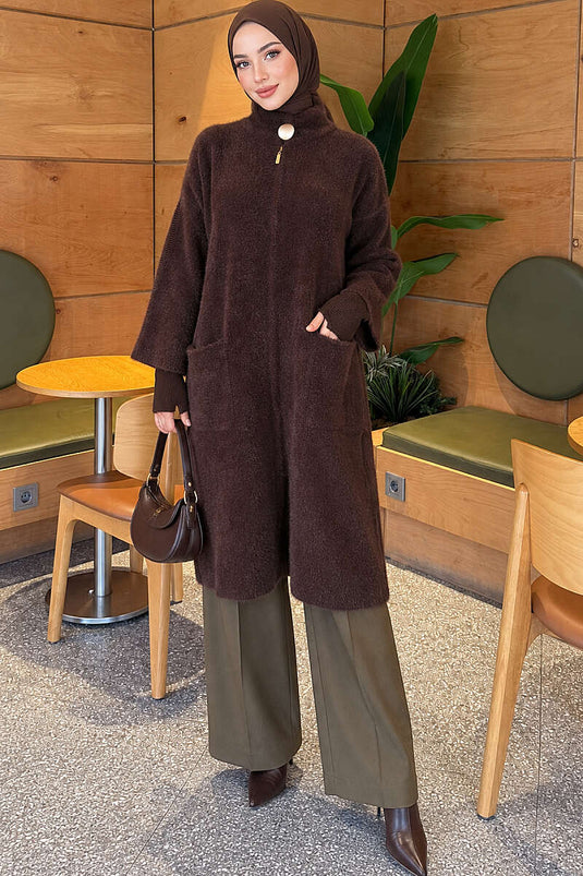 Gilet Long À Boutons Avec Poches En Marron Café