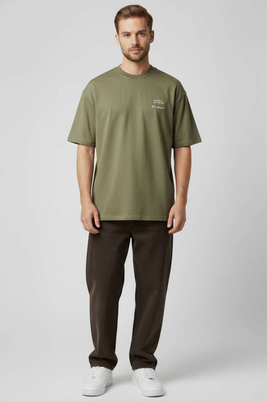 Yaka Enjeksiyon Baskı Yazılı Erkek T-shirt Haki