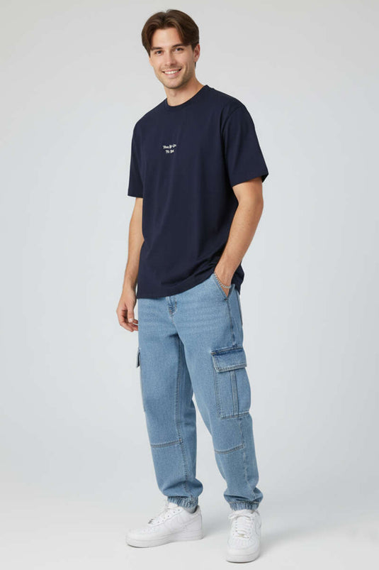 Collar Injection Printed Men's T-shirt Navy Blue