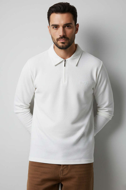 Men's Basic Sweatshirt with Collar Zipper, Ecru