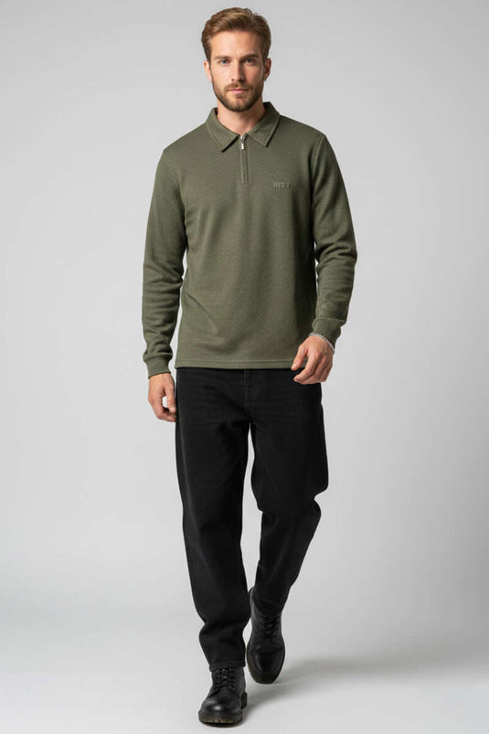 Yaka Fermuarlı Basic Erkek Sweatshirt Haki