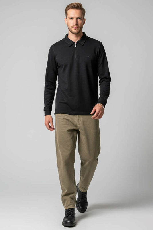 Yaka Fermuarlı Basic Erkek Sweatshirt Siyah