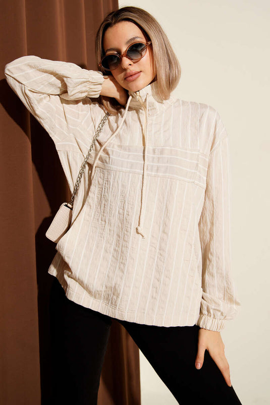 Chemise rayée beige à col zippé