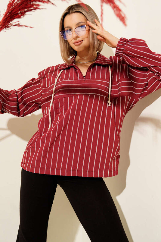 Striped Shirt with Zipper Collar, Burgundy