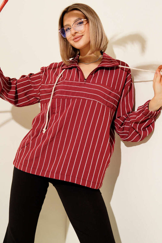 Chemise rayée à col zippé, bordeaux