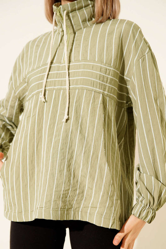 Striped Shirt with Zip Collar, Khaki