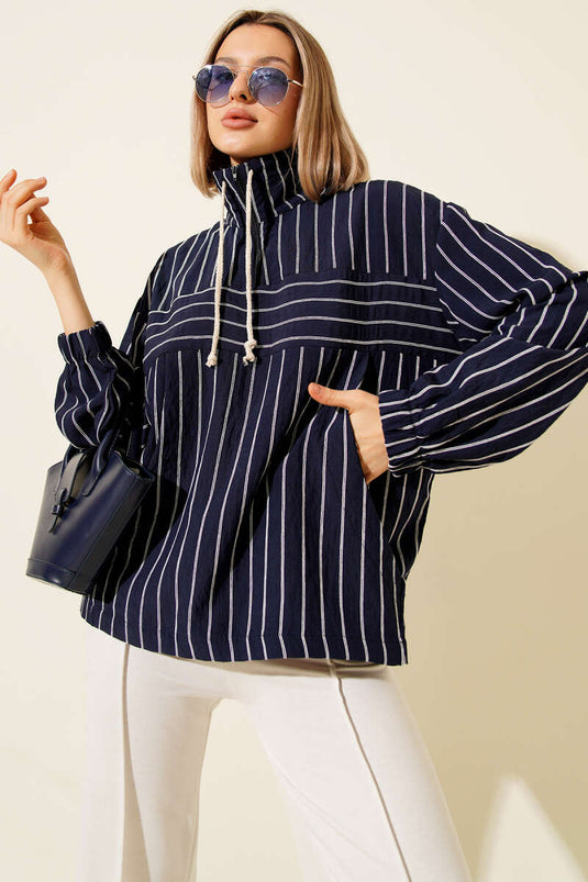 Chemise rayée bleu marine à col zippé