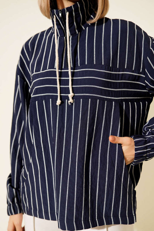 Navy Striped Shirt with Zipper Collar