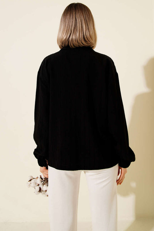 Chemise rayée à col zippé, noire