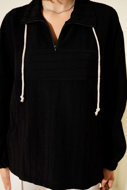 Gestreiftes Hemd mit Reißverschlusskragen, Schwarz